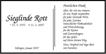 Traueranzeige von Sieglinde Rott 