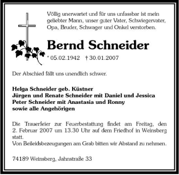 Traueranzeige von Bernd Schneider 