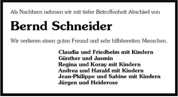 Traueranzeige von Bernd Schneider 