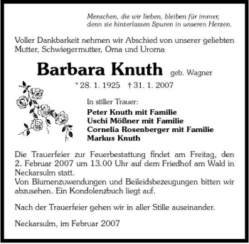 Traueranzeige von Barbara Knuth 