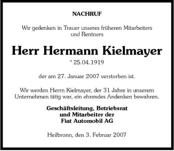 Traueranzeige von Hermann Kielmayer 