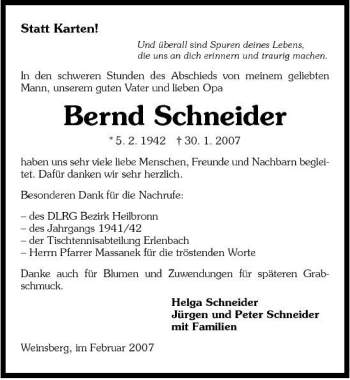 Traueranzeige von Bernd Schneider 