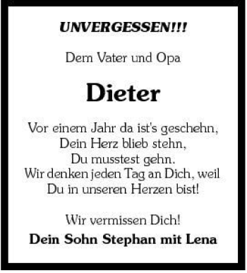 Traueranzeige von Dieter Dieter 