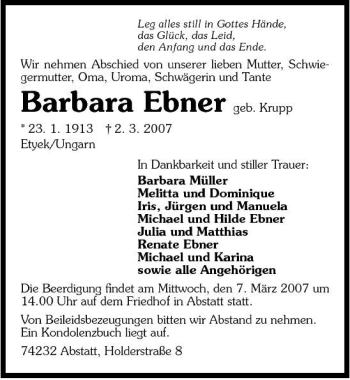 Traueranzeige von Barbara Ebner 