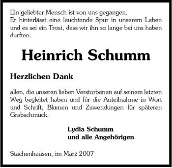 Traueranzeige von Heinrich Schumm 