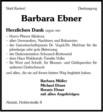 Traueranzeige von Barbara Ebner 