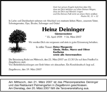 Traueranzeige von Heinz Deininger 