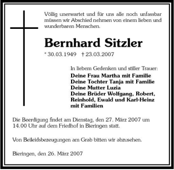 Traueranzeige von Bernhard Sitzler 