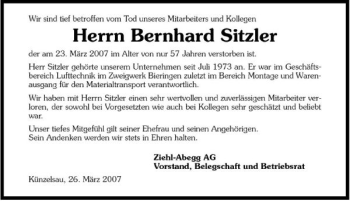 Traueranzeige von Bernhard Sitzler 