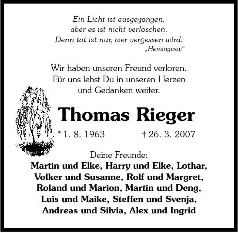  Traueranzeige für Thomas Rieger vom 29.03.2007 aus 