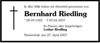 Traueranzeige von Bernhard Riedling 