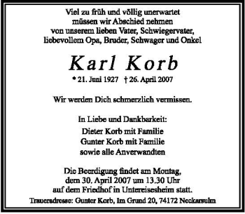 Traueranzeige von Karl Korb 