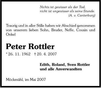 Traueranzeige von Peter Rottler 