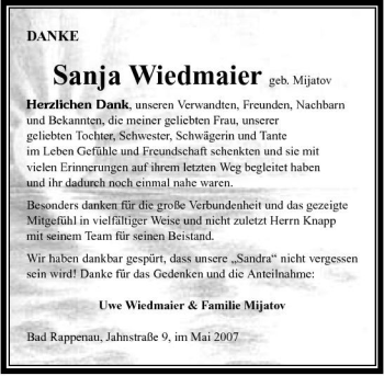 Traueranzeige von Sanja Wiedmaier 