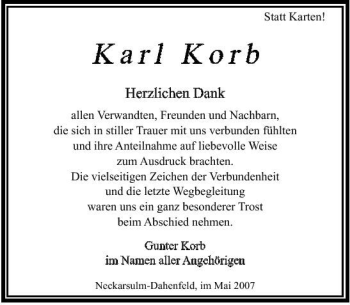 Traueranzeige von Karl Korb 