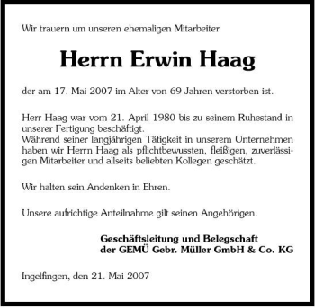 Traueranzeige von Erwin Haag 