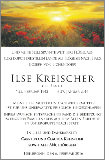 Traueranzeige von Ilse Kreischer