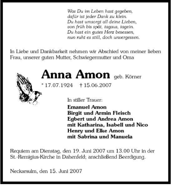 Traueranzeige von Anna Amon 