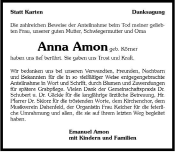 Traueranzeige von Anna Amon 