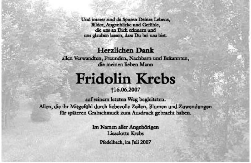 Traueranzeigen Von Fridolin Krebs Www Trauerundgedenken De