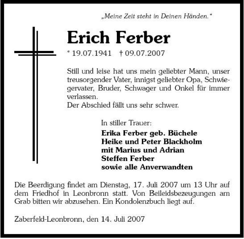 Traueranzeigen von Erich Ferber | www.trauerundgedenken.de