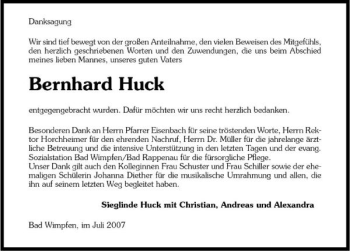 Traueranzeige von Bernhard Huck 