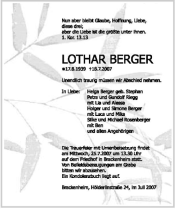 Traueranzeige von Lothar Berger 