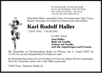 Traueranzeige von Karl Rudolf Haller 