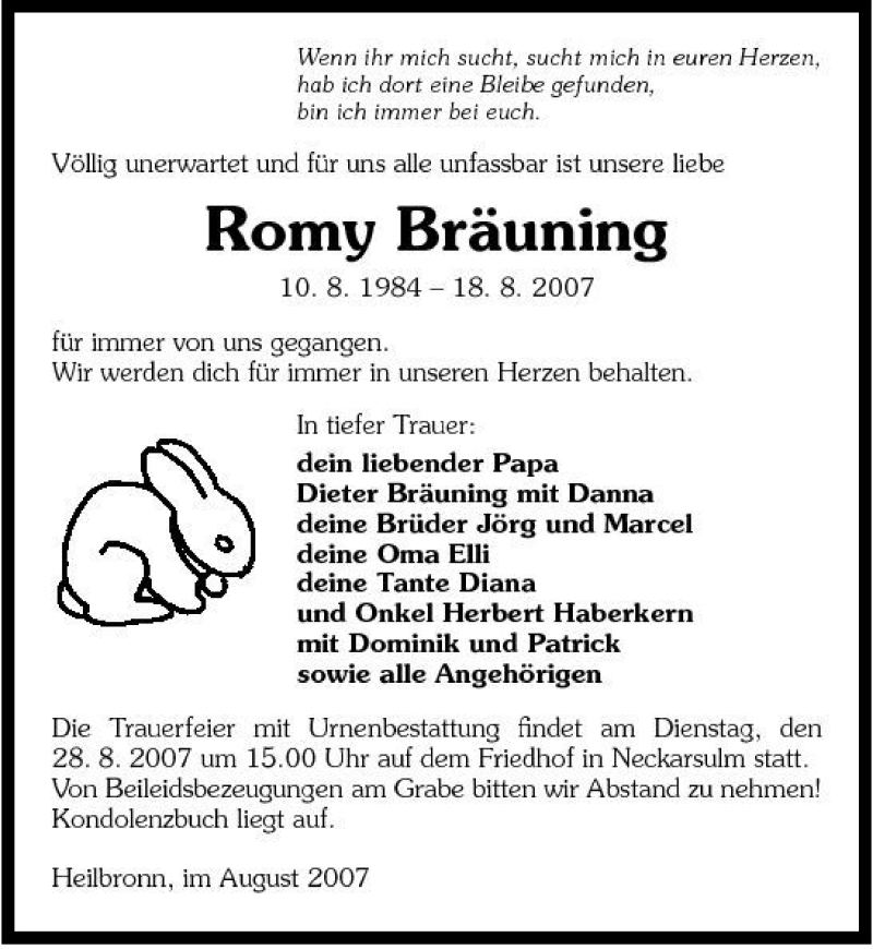  Traueranzeige für Romy Bräuning vom 25.08.2007 aus 
