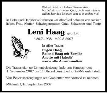 Traueranzeige von Leni Haag 
