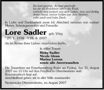 Traueranzeige von Lore Sadler 