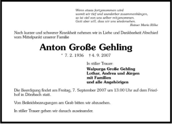 Traueranzeige von Anton Große Gehling 