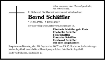 Traueranzeige von Bernd Schäffler 