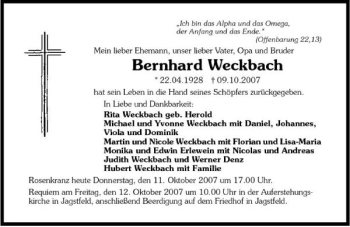 Traueranzeige von Bernhard Weckbach 