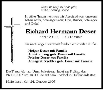 Traueranzeige von Richard Hermann Deser 