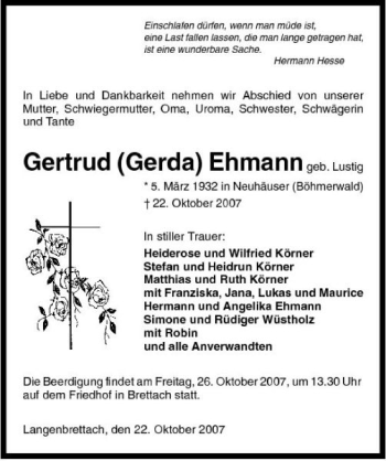 Traueranzeige von Gerda Ehmann 