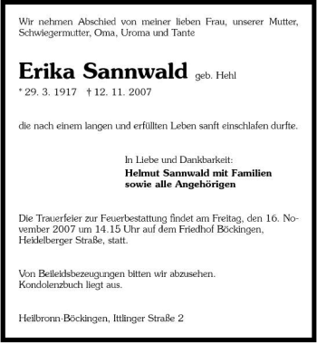 Traueranzeige von Erika Sannwald 