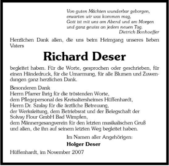 Traueranzeige von Richard Deser 