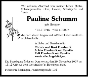 Traueranzeige von Pauline Schumm 