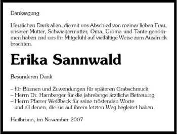 Traueranzeige von Erika Sannwald 