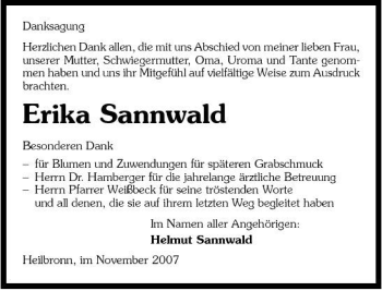 Traueranzeige von Erika Sannwald 