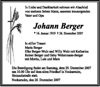 Traueranzeige von Johann Berger 