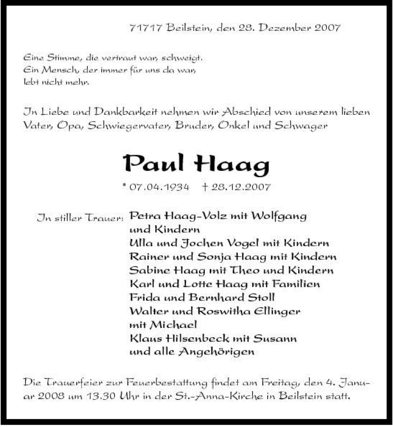  Traueranzeige für Paul Haag vom 31.12.2007 aus 