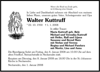 Traueranzeige von Walter Kuttruff 