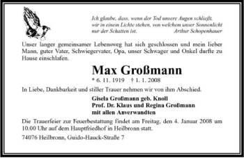 Traueranzeige von Max Großmann 