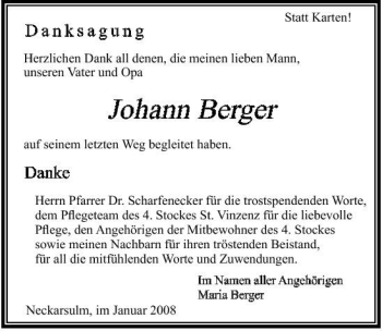 Traueranzeige von Johann Berger 