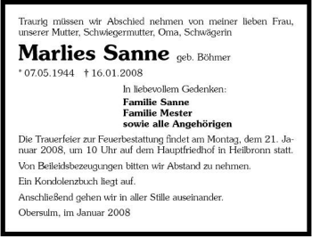 Traueranzeige von Marlies Sanne 