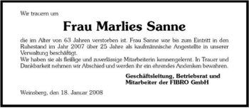 Traueranzeige von Marlies Sanne 