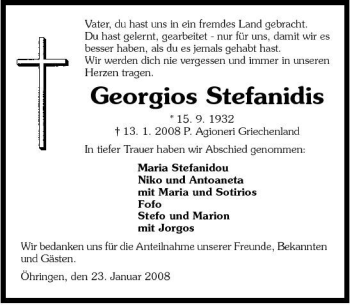 Traueranzeige von StefanidisGeorgios StefanidisGeorgios 