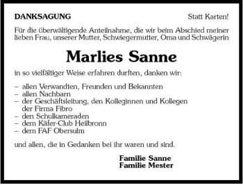 Traueranzeige von Marlies Sanne 